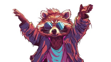   A raccoon wearing sunglasses and a jacket with its arms and hands raised