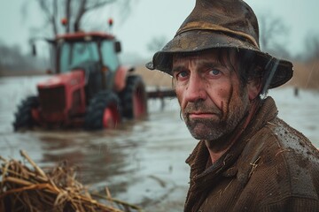 An evocative image capturing a farmer's despair as he cries in his flooded field, with agricultural machinery partially submerged in the background.