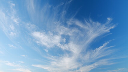 Cirrus clouds flying slowly on beautiful blue sky horizon background. Timelapse.