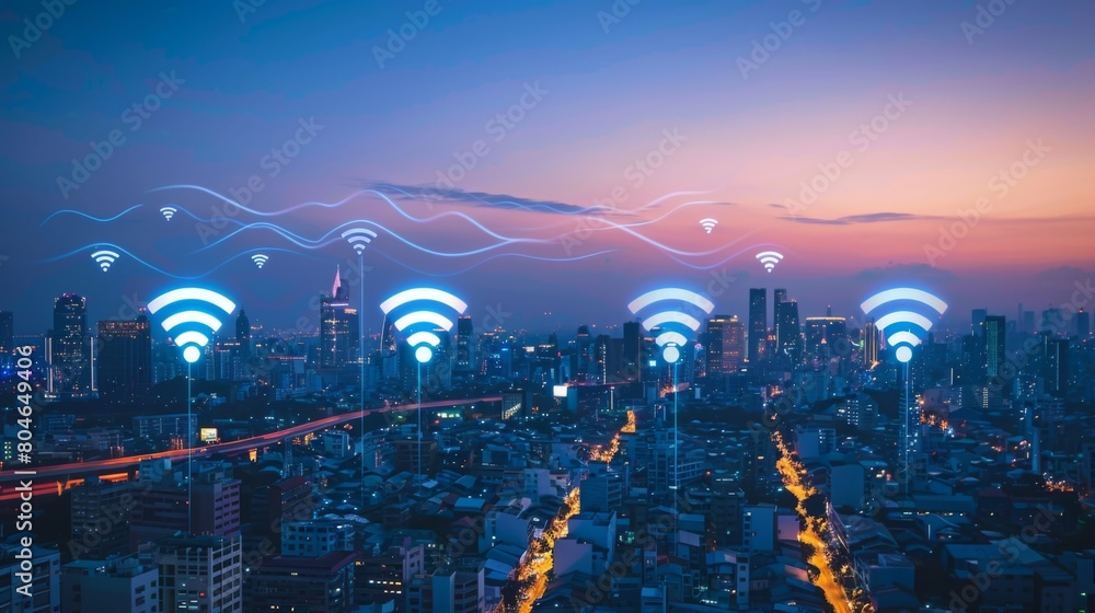Poster modern city with wireless network connection concept