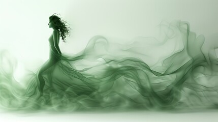   A female with extended tresses posed against a pure backdrop, enveloped by emerald haze from beneath