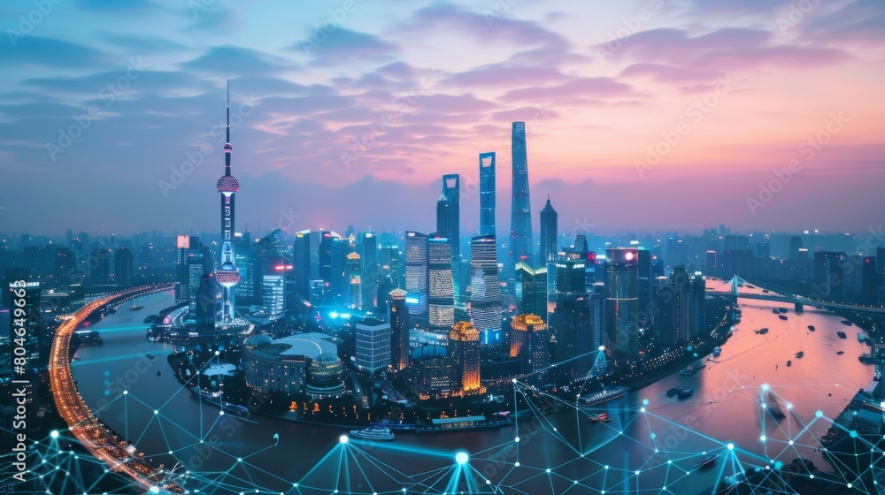 Poster modern city with wireless network connection concept