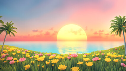 Obraz premium A beautiful sunset over a beach with palm trees and a field of flowers