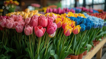   A colorful row of tulips in a flower shop, surrounded by other blooms