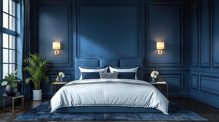  Blue walls, white comforter, two lamps on either sides of bed