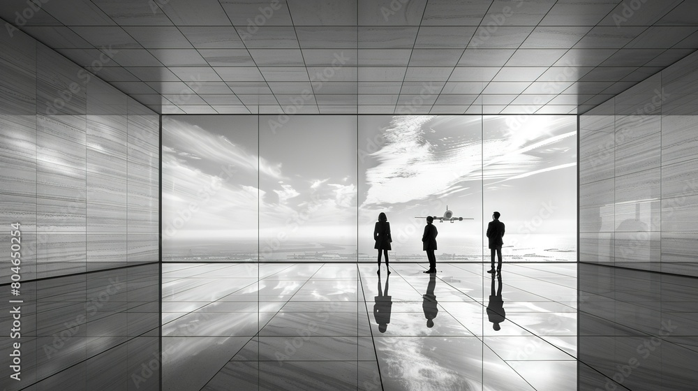 Poster a b&w image of two individuals in a spacious room with an expansive window overlooking the sea