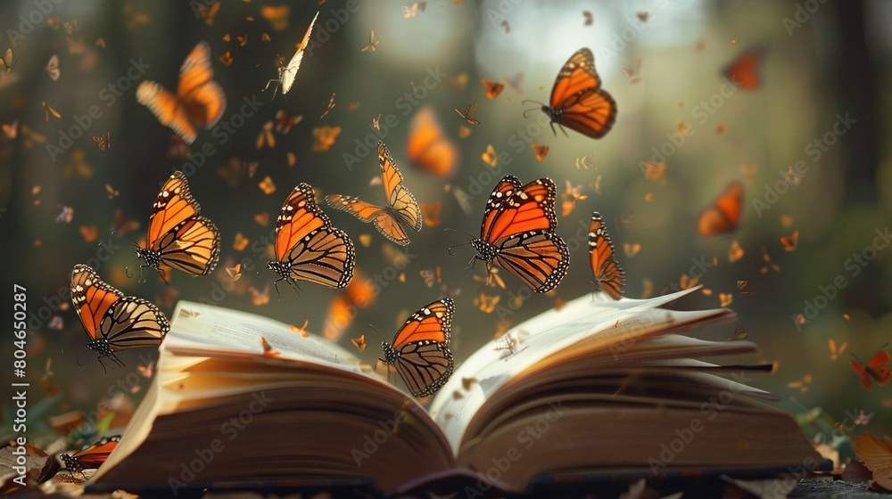 Poster a book with many butterflies emerging from its pages and an open book in the center