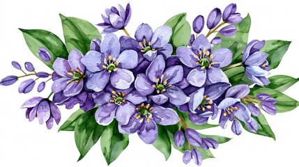   A stunning watercolor artwork depicts a vibrant cluster of purple blossoms and lush green foliage against a serene white backdrop, providing the perfect canvas for customized text