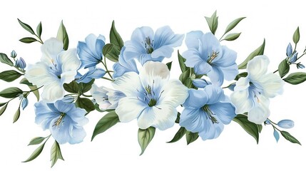   Bouquet of Blue and White Flowers with Green Leaves on White Background