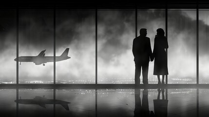   A man and a woman stand in front of a window, with a plane flying behind them in the sky