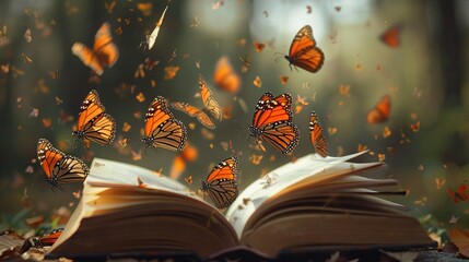   A book with many butterflies emerging from its pages and an open book in the center