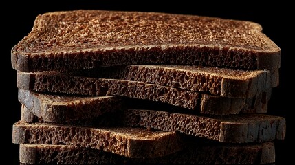   A brown bread pile sits atop a black counter, beside a partially bitten slice of bread