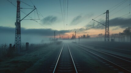 Fototapeta premium Morning mist enveloping the tracks as a high-speed train speeds towards the horizon.