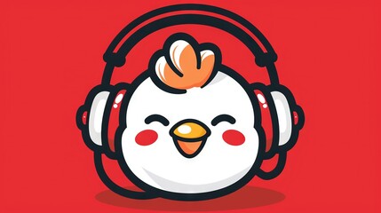   A penguin in a cartoon, wearing headphones while listening, has a bird perched on its head