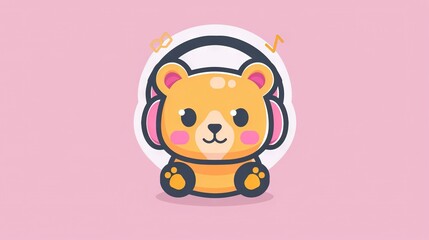   Cartoon bear wearing headphones, listening to music on a pink background with a white circle in the center
