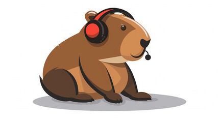   Brown bear sitting with headphones, one red earbud in ear