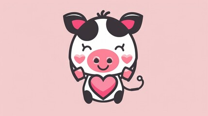  Black and white cow on pink background with heart on chest
