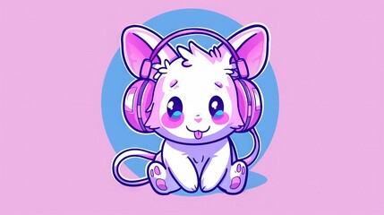   A pink background with a blue circle at its center, featuring a cartoon cat wearing headphones