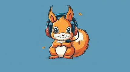 Fototapeta premium Cartoon squirrel wearing headphones and listening to music, sitting in front of blue background
