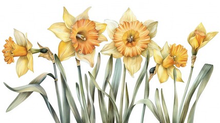   A painting featuring daffodils with green stems in the foreground and yellow flowers in the background