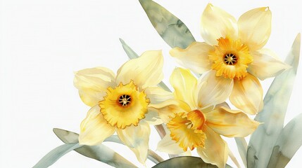   A vase with yellow daffodils against a green backdrop of leaves on a white background