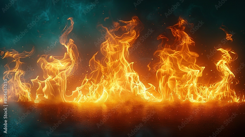 Poster   A sharp focus on a fiery scene against a dark backdrop, with a hazy image centered in the shot