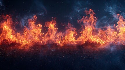  A collection of fiery flames against a dark backdrop with swirling blue-orange smoke emanating from their tops