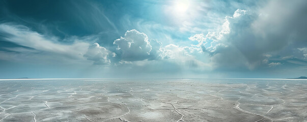 An expansive salt flat where the horizon meets a smokey mirage at high noon