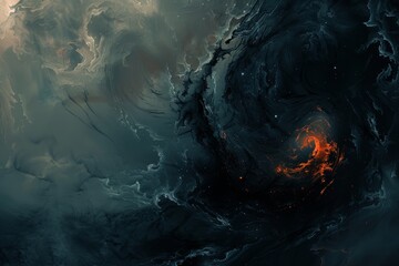Dark, swirling clouds encircle a fiery core in a dramatic representation of a storm, evoking a sense of danger and awe.

