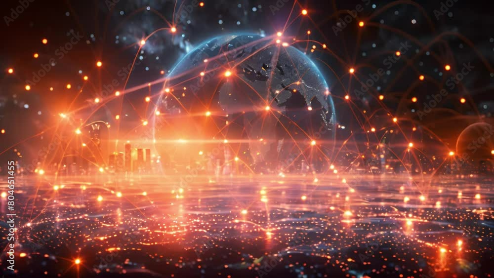 Poster Cityscape with glowing network lines and digital globe representing connectivity.