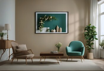 sofa beige wall flowers trendy decorative room furniture green living armchair poster arch frame white modern empty dried interior