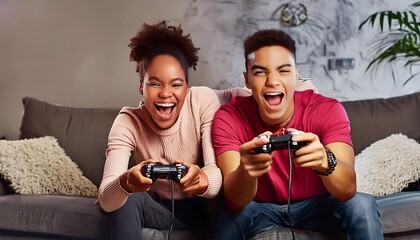 CASAL JOGANDO VÍDEOGAME EM UM CONCEITO DE DIVERTIMENTO, LAZER E TECNOLOGIA 