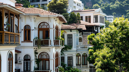 Naklejka premium A row of houses along the Bosphorus Sea showcasing traditional and modern architecture. Intricate details like arched windows and wooden structures are visible.
