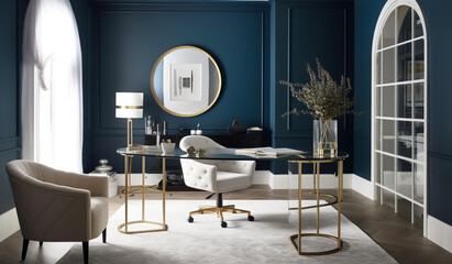A stylish home office with navy blue walls, a glass desk, and a comfortable blue swivel chair