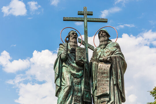 Kolomna, Russia - July 24, 2022: Monument to the holy Equal-to-the-Apostles brothers Methodius and Cyril, creators of the Slavic alphabet, on the Cathedral Square of the Kremlin.