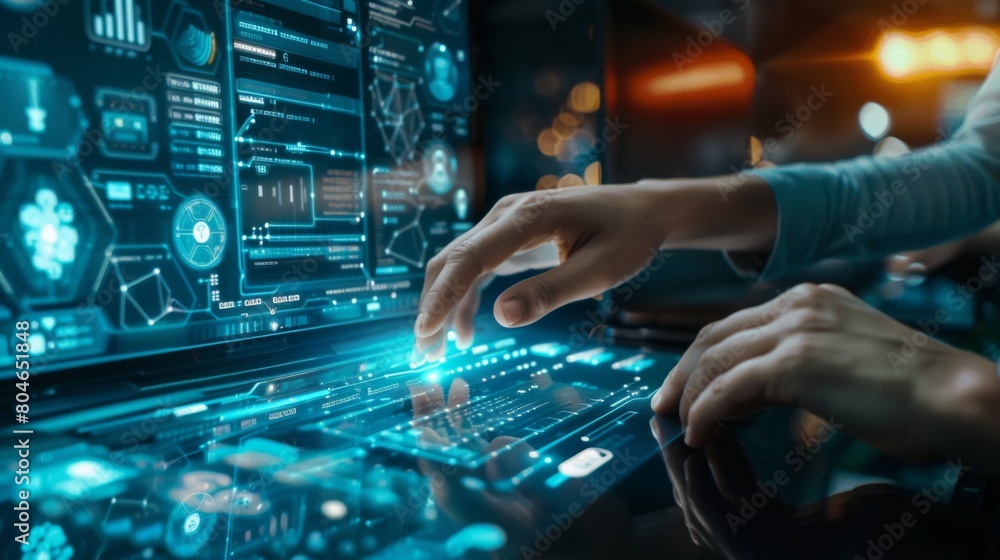 Aufkleber Programmer people working and touch virtual screen AI, artificial intelligence software engineer coding on laptop computers with technology