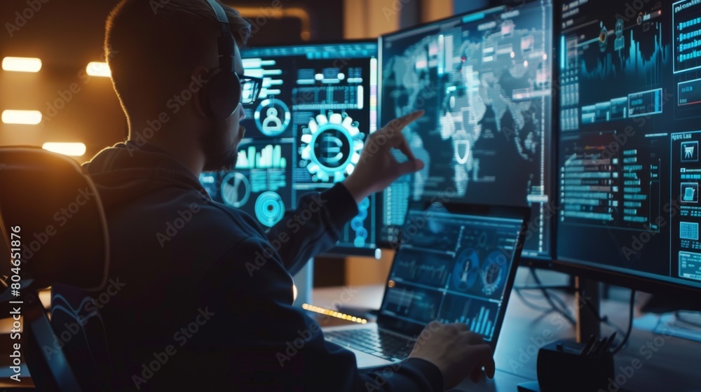 Aufkleber Programmer people working and touch virtual screen AI, artificial intelligence software engineer coding on laptop computers with technology
