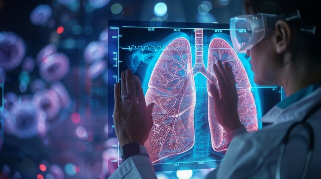 Radiology Doctor working diagnose treatment virtual Human Lungs and long Covid 19 on modern interface screen.Healthcare and medicine,