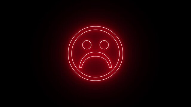 Glowing red neon sadness symbol blinking animation. Sad emoji facial expression icon loop motion graphics video transparent background with alpha channel. Abstract unhappy sign animation