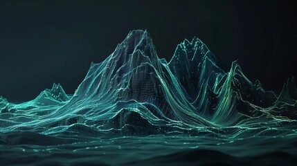 3d green neon wireframe mountains on dark background