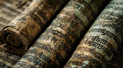 view of ancient scrolls written in sanskrit