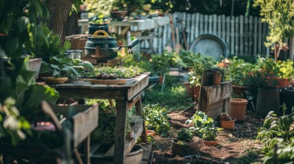 Gardening tools, spring flowers, gardening glows, watering can on green grass in the garden