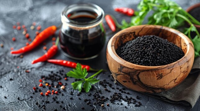 A wooden bowl filled with black cumin seeds