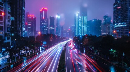 Fototapeta premium Shenzhen city buildings at night and blurred car lights