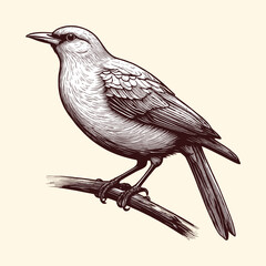 A Bird On A Branch Engraved Line Drawing