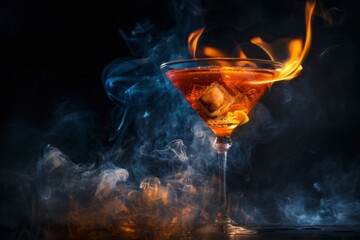 Martini Glass With Flaming Cocktail