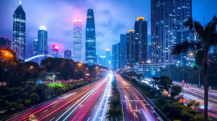 Fototapeta premium Shenzhen city buildings at night and blurred car lights