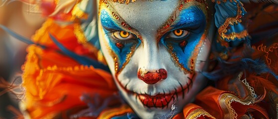 An image of a harlequin at a Venetian carnival, with a spooky Mardi Gras demon clown twist, for a truly haunting look 8K , high-resolution, ultra HD,up32K HD