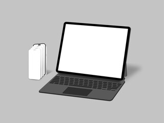 Laptop computer silver and black color with smartphone mobile blank screen.