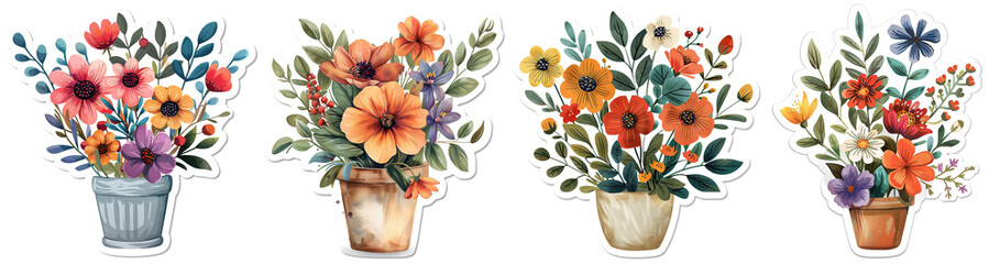 cute cartoon spring flower pot sticker artwork, PNG clipart collection set transparent background with shadow, Generative Ai